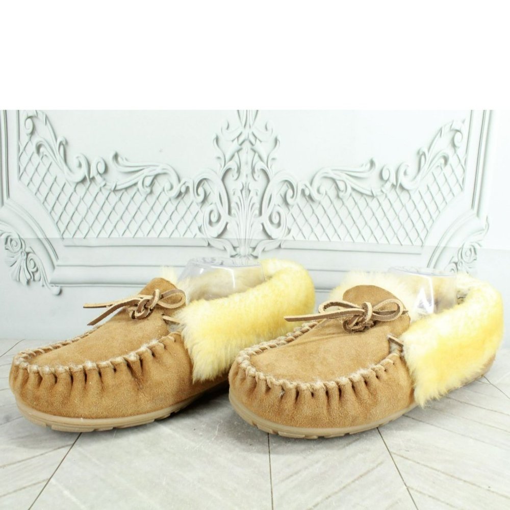 LL Bean Brown Suede Wicked Good Shearling Lined Moccasin Slippers Size 10 Wide - Picture 9 of 9